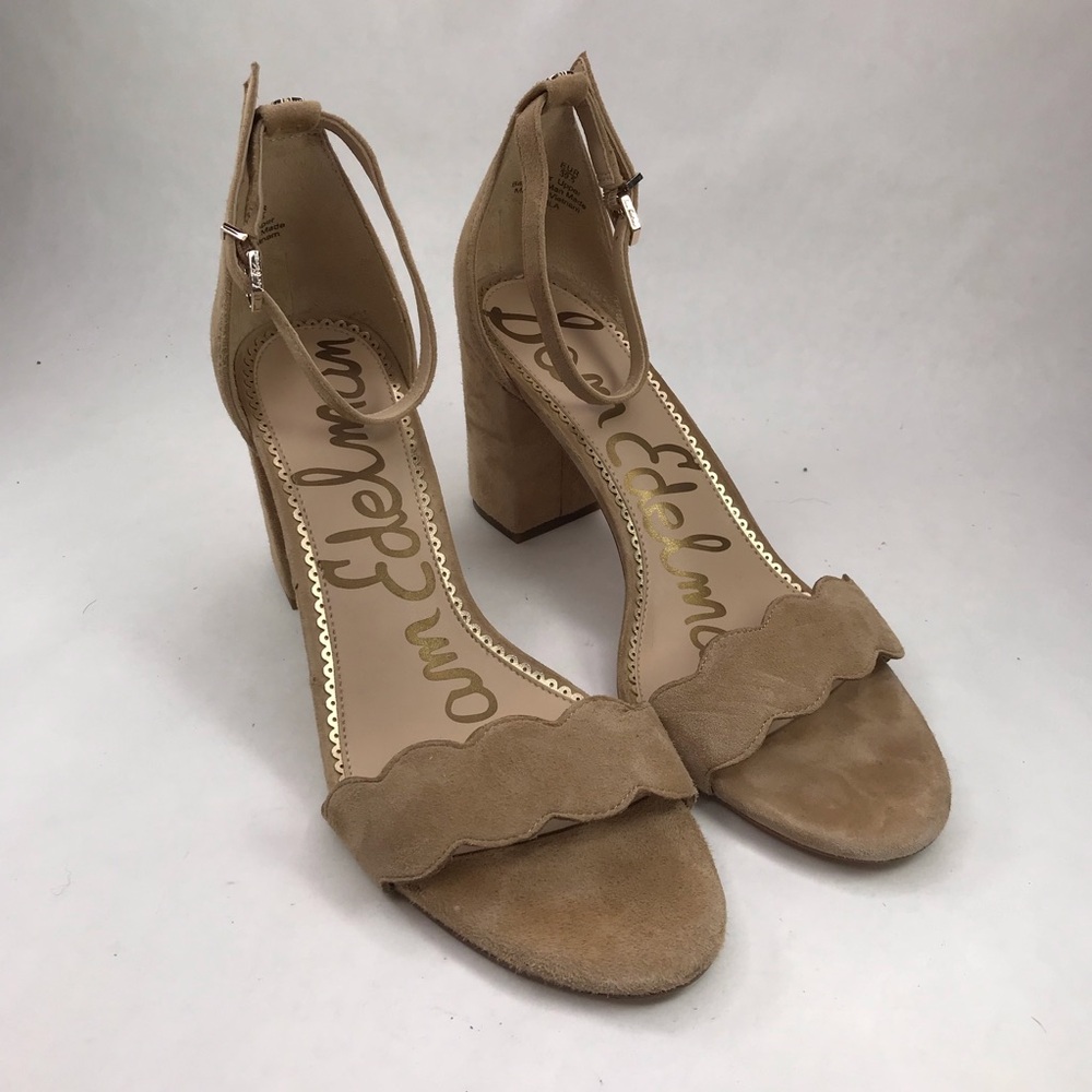 SAM EDELMAN Women's 9.5 Odila Tan Scalloped Suede Leather Block Heel Sandals